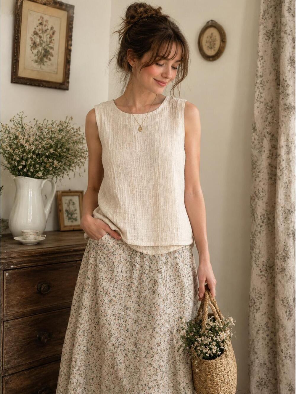 Blu Pepper Gauze Sleeveless Tank Top Small Neutral Boho Cottagecore
